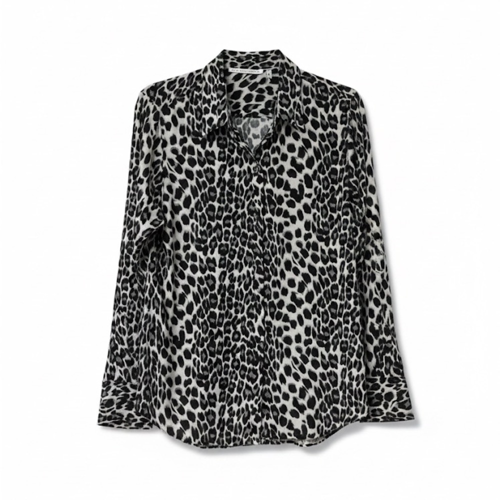 Black White Leopard Print Button Down Blouse Animal Print Shirt Size Large